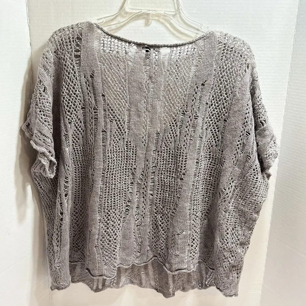 Eileen Fisher Taupe ITALIAN Linen V Neck Open Knit Top XL Slouchy Oversized